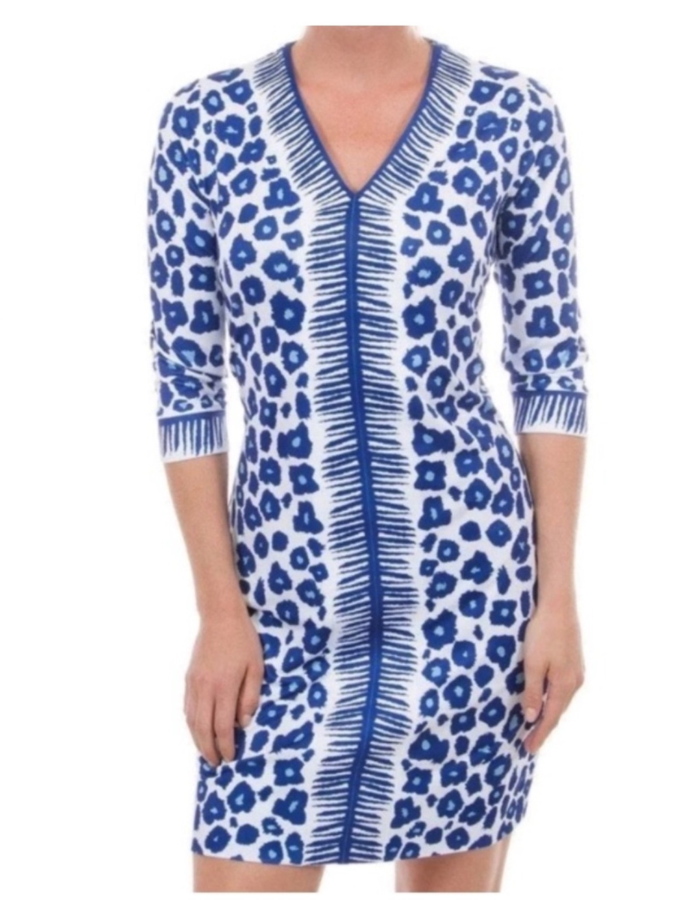 Gretchen Scott Bordertown V-neck Dress in Wildcat Blue Leopard Print Size S